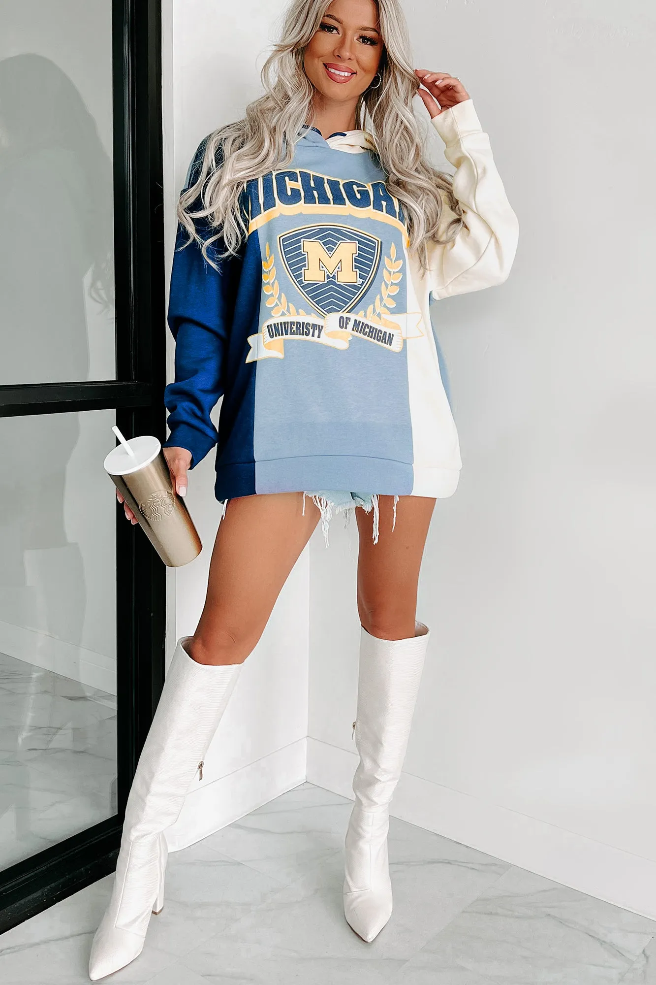 "University Of Michigan" Colorblock Graphic Hoodie (Navy/Ivory)