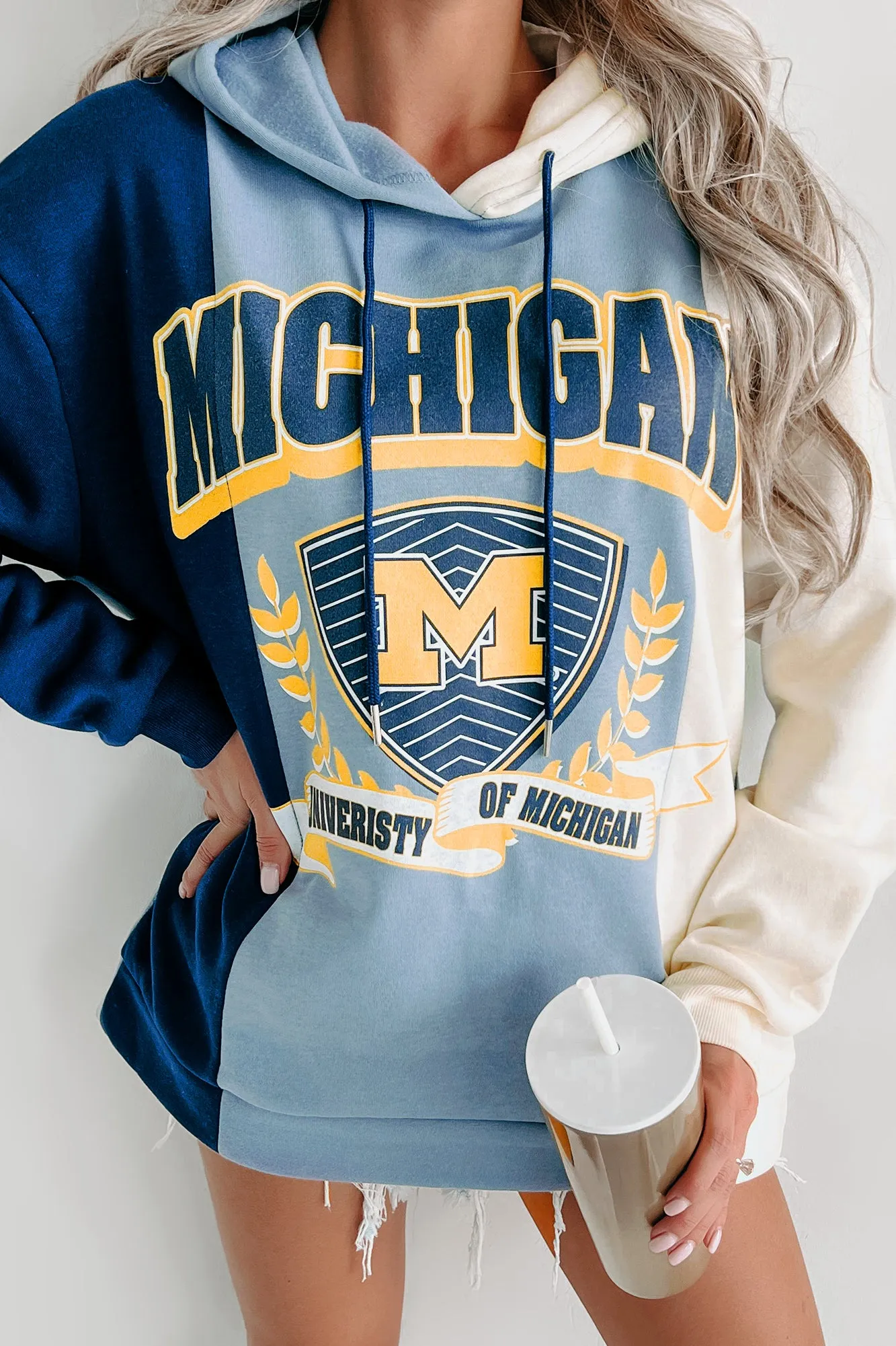 "University Of Michigan" Colorblock Graphic Hoodie (Navy/Ivory)