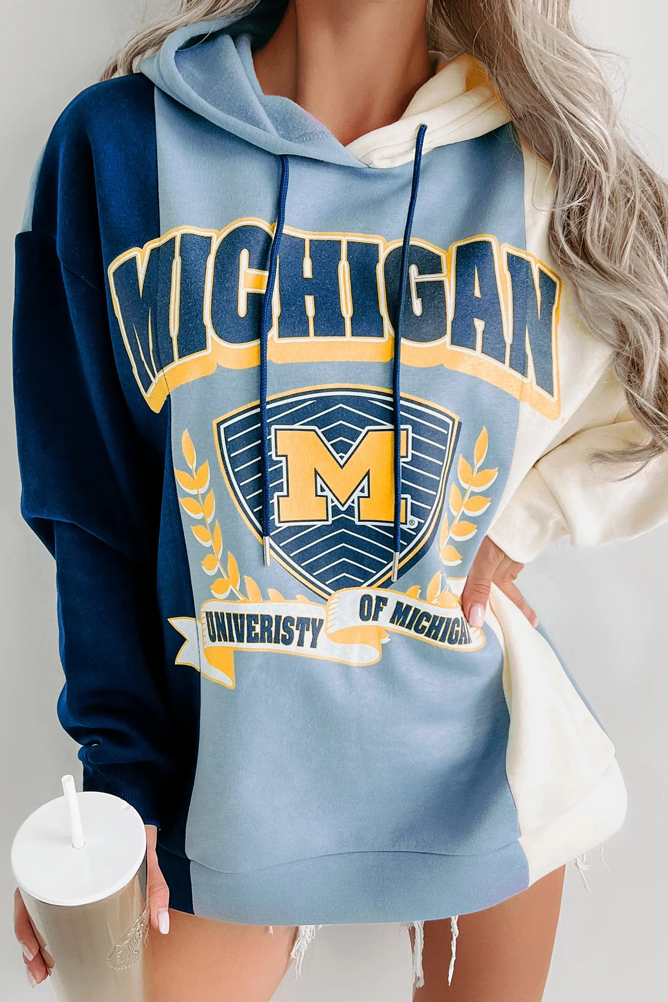 "University Of Michigan" Colorblock Graphic Hoodie (Navy/Ivory)