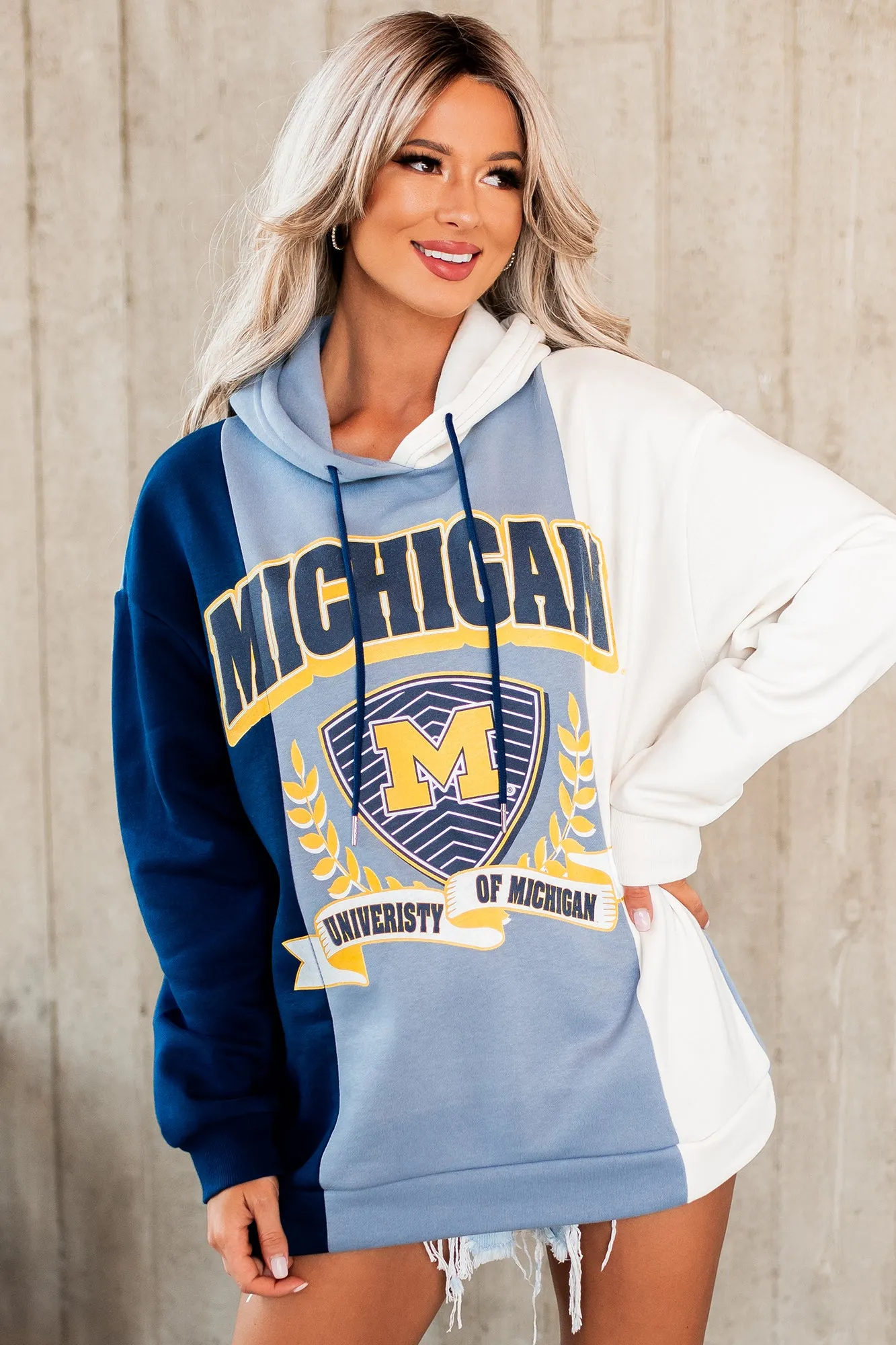"University Of Michigan" Colorblock Graphic Hoodie (Navy/Ivory)
