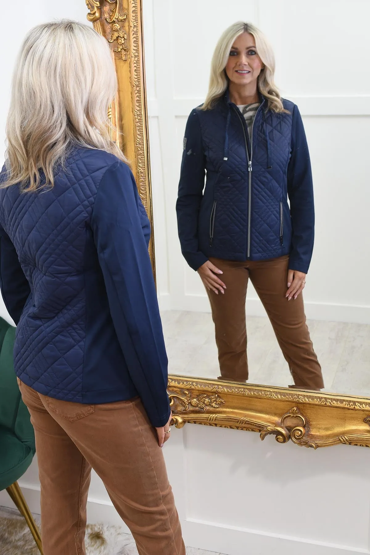 Rabe Navy Quilted Jacket With Diamante Badge Detail- 53-213821 3374