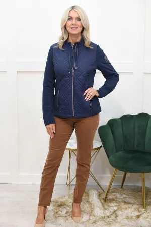 Rabe Navy Quilted Jacket With Diamante Badge Detail- 53-213821 3374