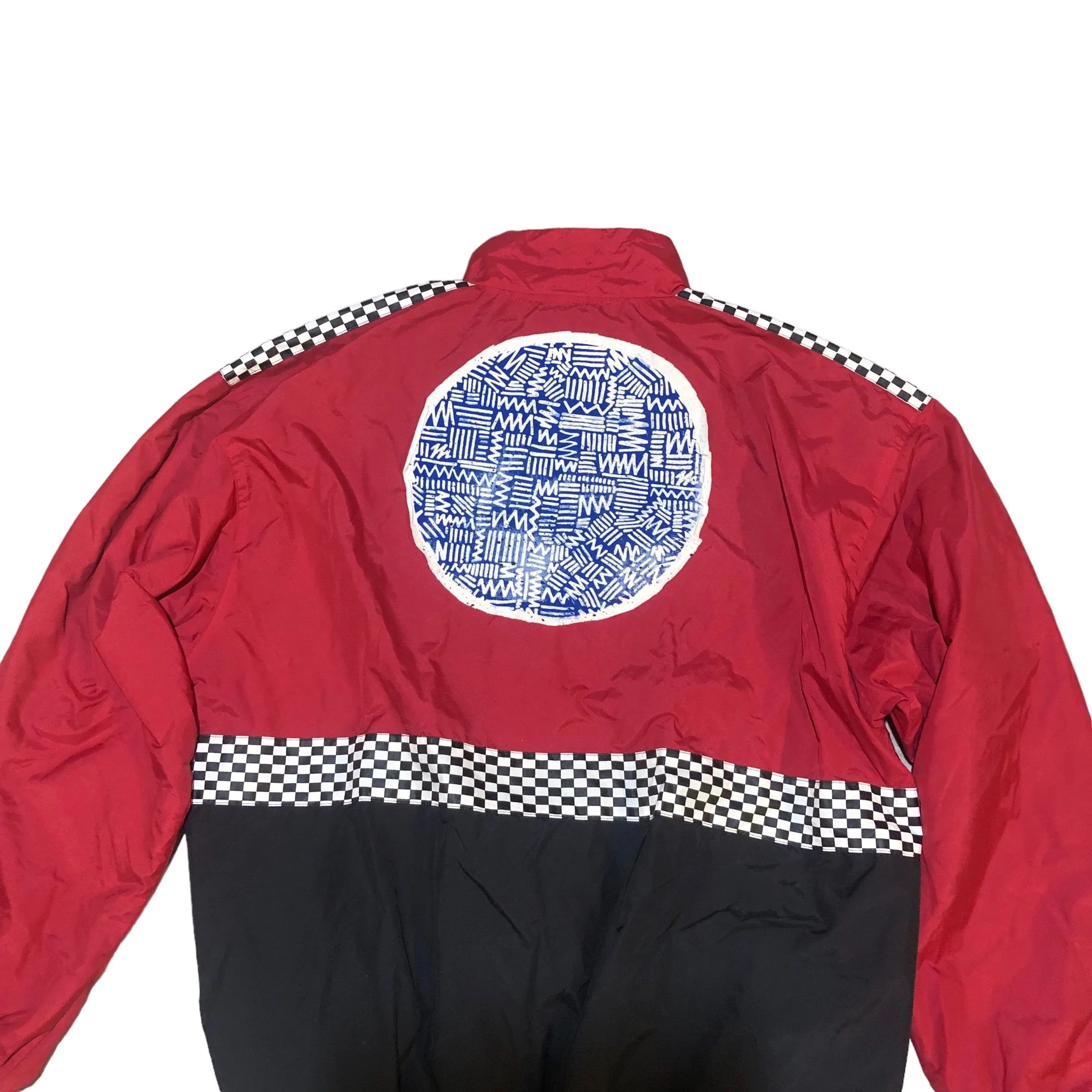 Red Black Hand Patchwork Nylon Jacket by Pattern Nation
