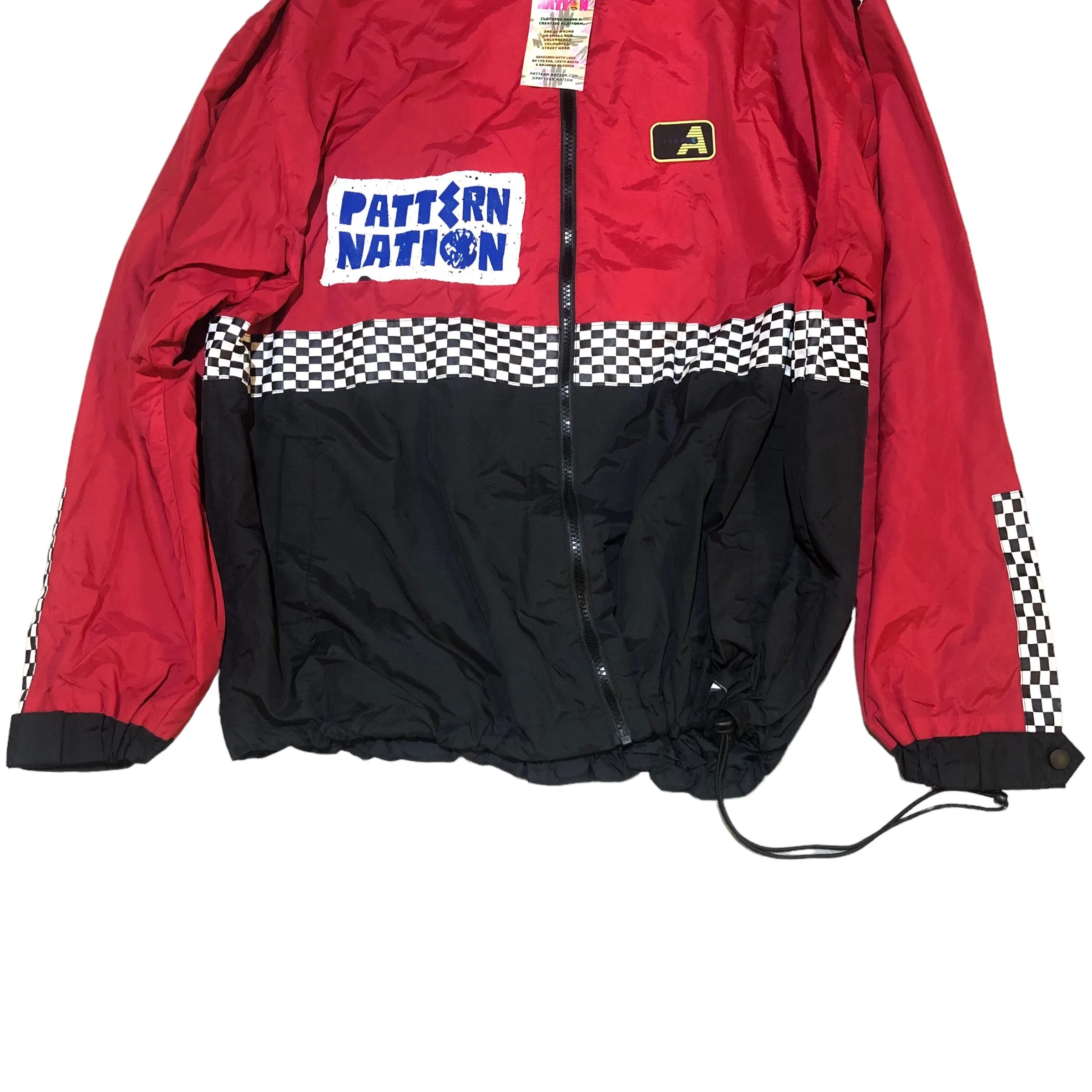 Red Black Hand Patchwork Nylon Jacket by Pattern Nation