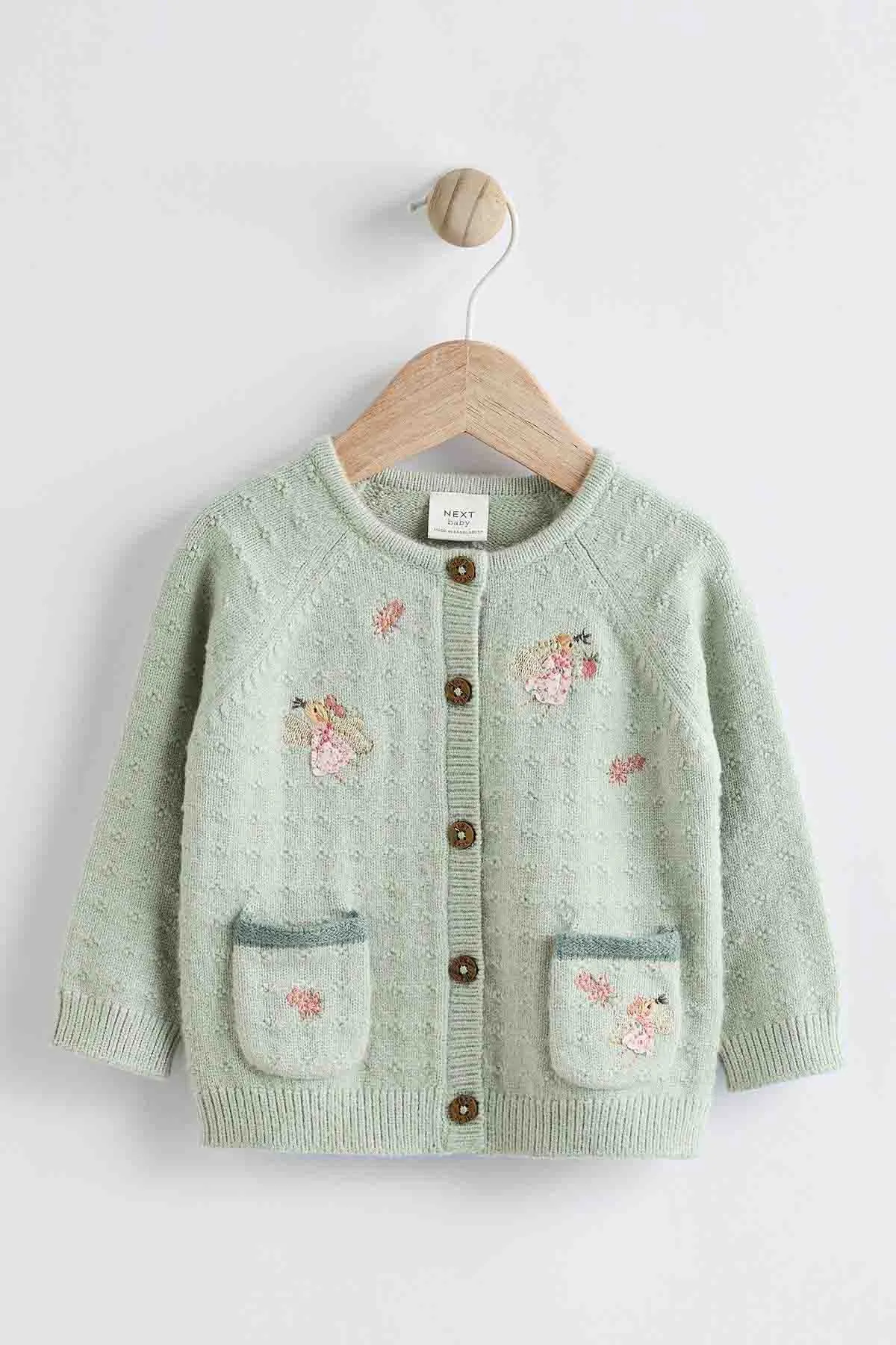 Sage Green Fairy Embroidered Baby Knitted Cardigan