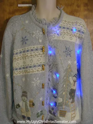 Snowmen Decorating Light Up Cheesy Christmas Sweater