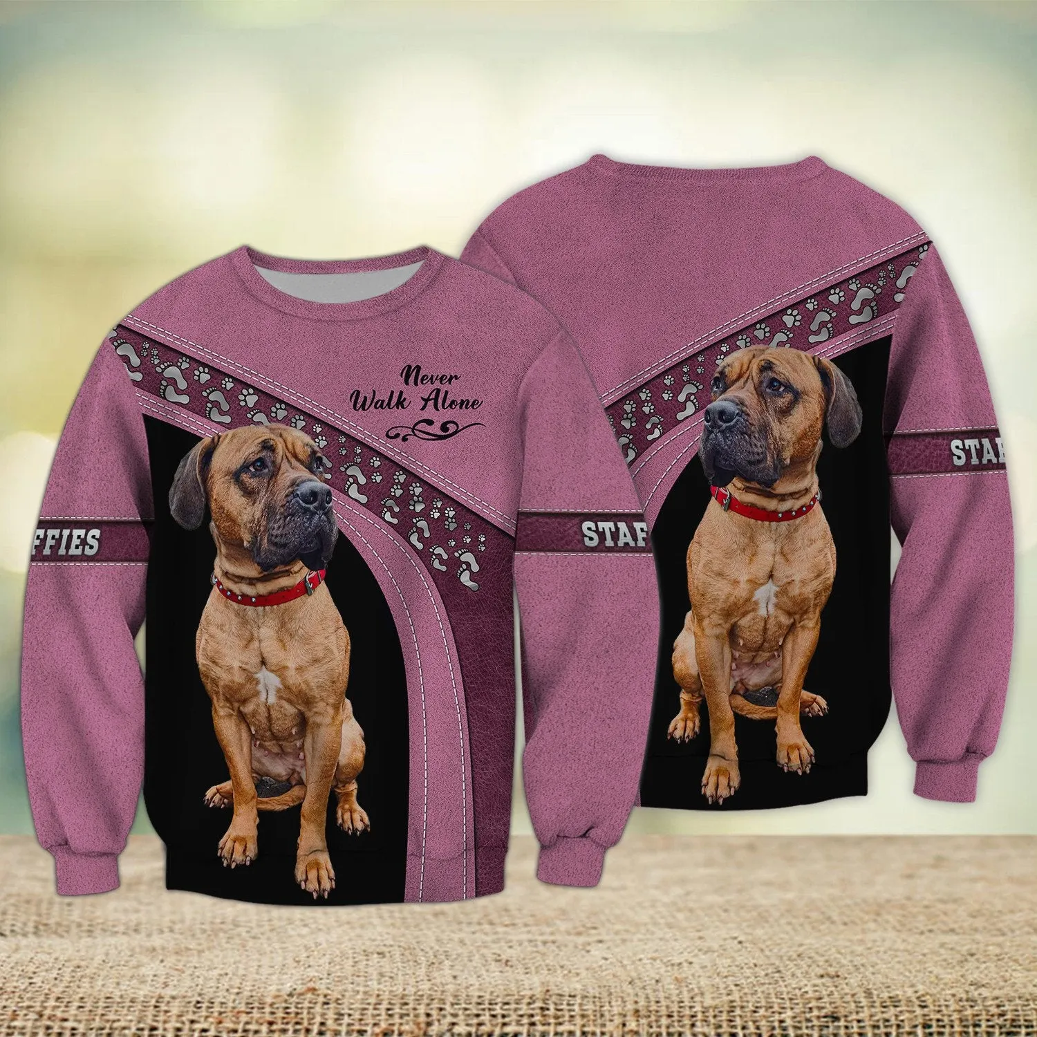 Staffies Love Never Walk Alone Love 3D Full Print Shirts, Sweatshirt for Loss of Dog Christmas