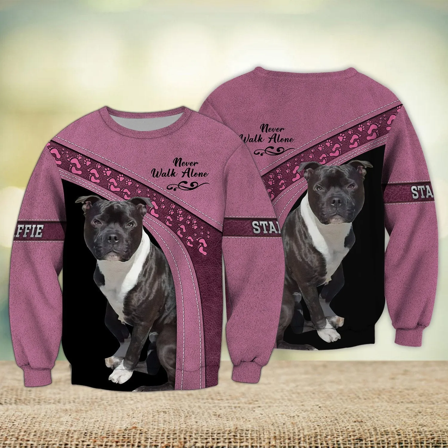 Staffies Love Never Walk Alone Love 3D Full Print Shirts, Sweatshirt for Loss of Dog Christmas