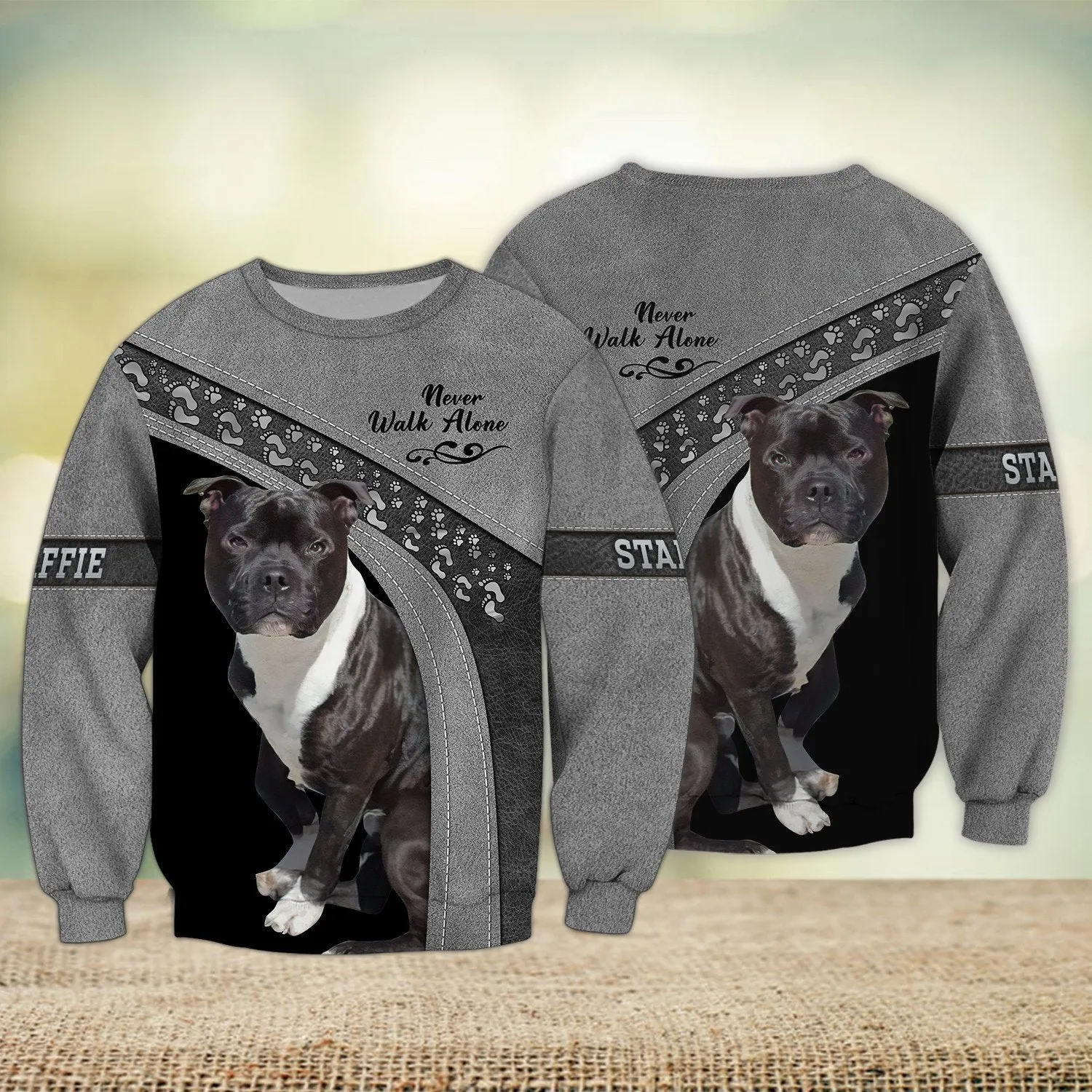 Staffies Love Never Walk Alone Love 3D Full Print Shirts, Sweatshirt for Loss of Dog Christmas