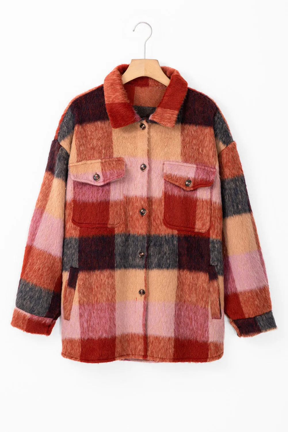 Trendy Plus Size Plaid Fleece Jacket with Pockets