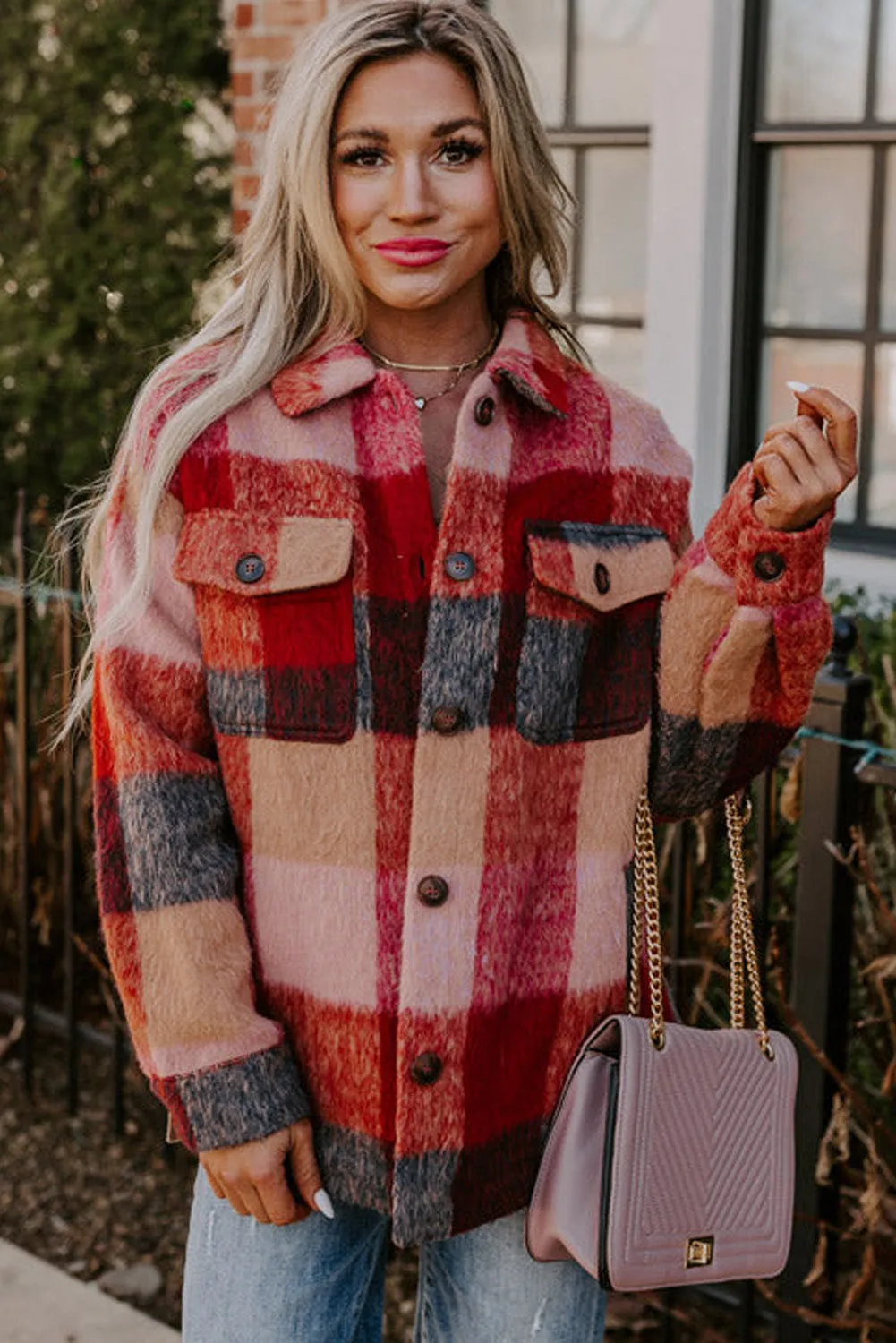 Trendy Plus Size Plaid Fleece Jacket with Pockets
