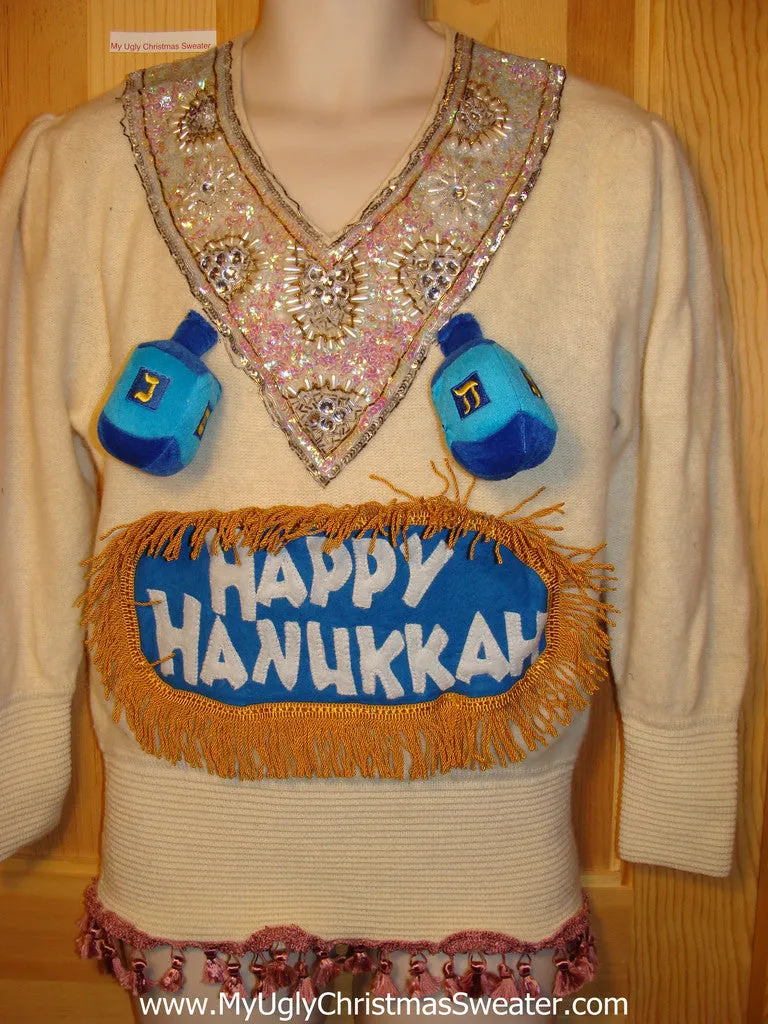 Ugly Christmas Sweater Party Hanukkah Sweater Vintage 80s Naughty Dreidles at Chest  (j141)