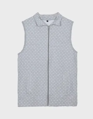 Unisex Sleeveless Terry Fleece Fabric Zipper Jacket-Grey Dot