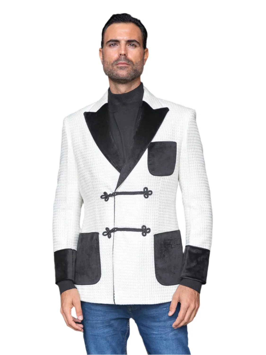 White Single Breast Men's Blazer Jackets Peak Lapel Black Velvet Pockets MZW-556