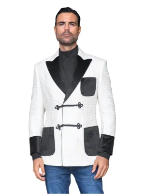 White Single Breast Men's Blazer Jackets Peak Lapel Black Velvet Pockets MZW-556
